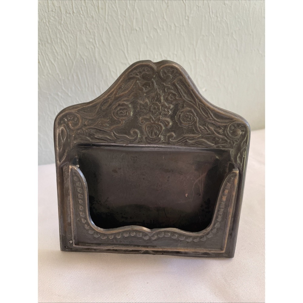 American Art Nouveau Victorian Brass Silver Plated Business‎ Card Stand patina